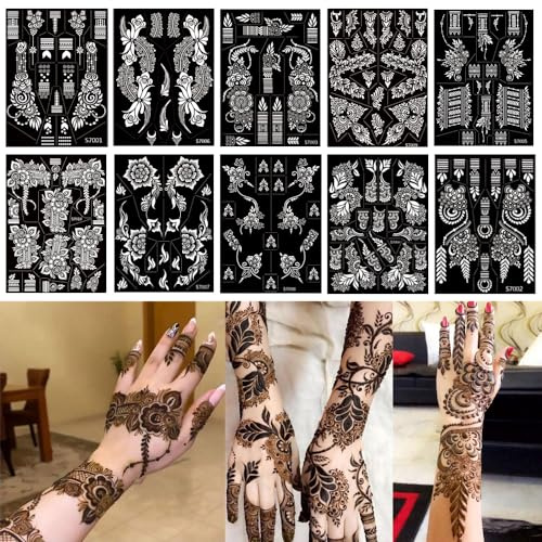 PPVWEY 10 Sheets Henna Tattoo Stencils 10 Pair Arm Hand Tattoo Template Temporary Indian Arabian Glitter Airbrush Tattoo Stickers for Face Body Paint DIY (Black)