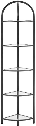 VASAGLE Eckregal 5 Ebenen, Bücherregal, Pflanzenregal, Standregal, Badezimmerregal, Ablagen aus Hartglas, Stahlrahmen, modern, für Wohnzimmer, Küche, klassikschwarz LGT810B61