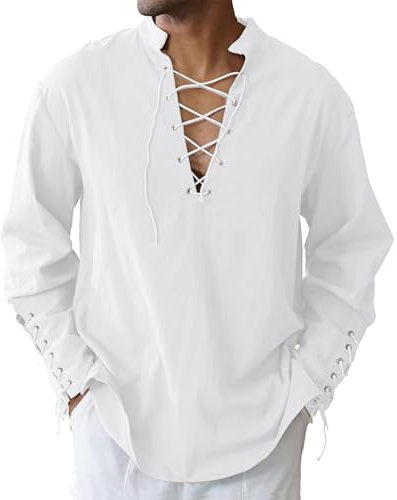 LVCBL Mens Long Sleeve Shirts Linen Retro Style Casual Shirt Medieval Vintage Viking Shirts