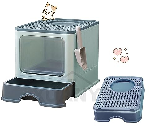 XUANYU Arenero para Gatos Grande con Pala y 2 Entrada Arenero Gato con Tapa Arenero Gatos Cubierto Cerrado Caja de Arena Plegable para Gatos, Carga de 7 kg/15 lbs (Verde XL-51×35×38 cm)