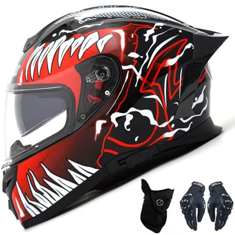 DXDRT Full Face Motorradhelm Dual Anti-Fog Visiere Street Bike Moped Moto Scooter Helm mit Heckflügel für Erwachsene Männer Frauen Geeignet für Cruiser DOT/ECE Genehmigt,Venom,XS