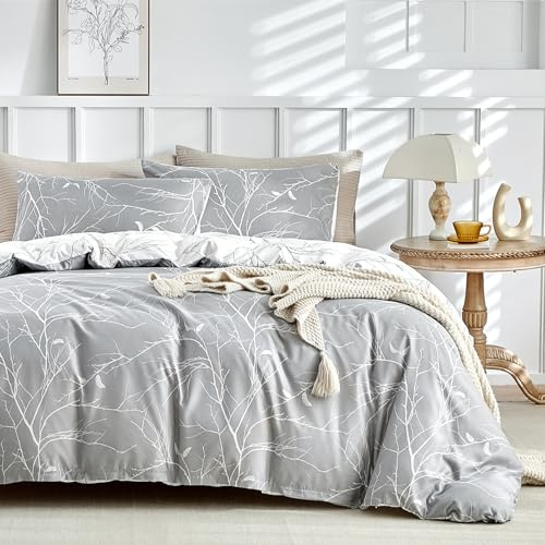Lekesky Set di biancheria da letto matrimoniale 220 x 200 cm, copripiumino da 3 pezzi, motivo floreale, in microfibra 220 x 200 cm, con federa da 80 x 80 cm, colore: grigiobianco