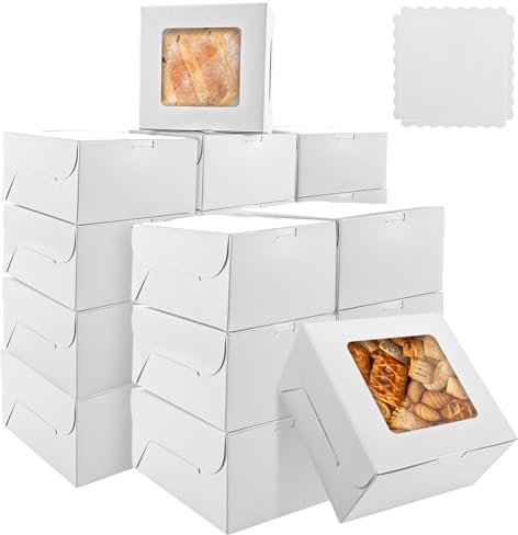 VIDETOL 25 Stück Cupcake Box, 16 x 16 x 9 cm Tortenkarton, Tortenschachtel mit Sichtfenster und Einsätze, Weiß Tortenbox, Kuchenbox Pappe für Cookie, Muffin und Dessert