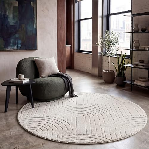 Paco Home Teppich Wohnzimmer Schlafzimmer Hochflor Weich Uni Skandinavisch Boho Motiv 3D Optik Regenbogen Waschbar Creme, Grösse:120 cm Rund
