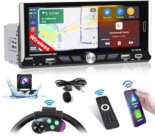 Inefala Autoradio Bluetooth 1 DIN kompatibilile med trådlöst CarPlay Android Auto 6,9 Pollici Touchscreen Stereo Automatisporta Bluetooth/Mirror Länk/FM RDS Radio/USB/EQ/Tipo-C Posteriore