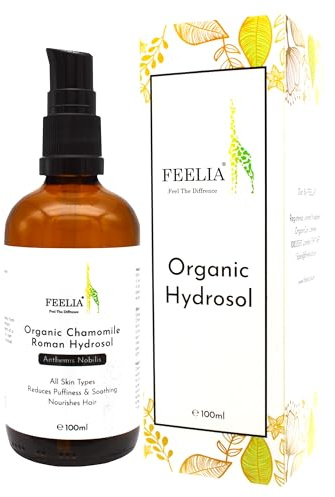 Feelia Bio-Kamillenhydrosolwasser, dampfdestilliert, reines und natürliches Gesichtswasser, alle Hauttypen, beruhigt die Haut, pflegt das Haar, reduziert Schwellungen um die Augen (Kamille)