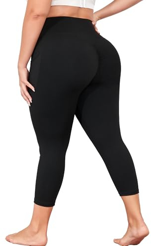 MEJING Leggings Capri de Talla Grande para Mujer con Bolsillos, Pantalones de Yoga para Levantamiento de glúteos, Control de Abdomen, Leggings de Entrenamiento L-5XL, Negro -, XXL Más