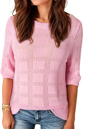 Cnlinkco Top da donna con maniche a 3/4, maglione leggero all'uncinetto, vestibilità ampia, elegante, casual, a tunica, Rosa, M