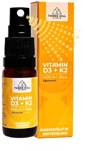 Premium Vitamin D3+K2 Spray - 1000 I.E. - liposomal für maximale Nährstoffaufnahme - vegan und hochdosiert - alkoholfrei - Three Hill Labs
