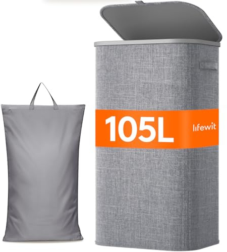 Lifewit 105L Laundry Basket with Lid, Washing Basket with Handles and Bag, Large Foldable Dirty Clothes Organiser with Plastic Frame for Laundry Room, Bedroom, Bathroom, Light Gray
