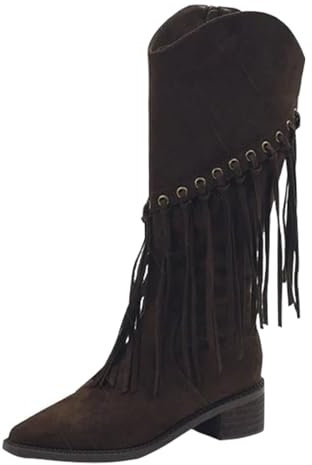 Cowboystiefel Damen Fransen - Overknees Stiefel Niedrig Absatz Kniehohe Stiefel Wildleder Langschaftstiefel Spitzzehe Schlupfstiefel Einfarbig Elegante Reitstiefel Weich Westernstiefel