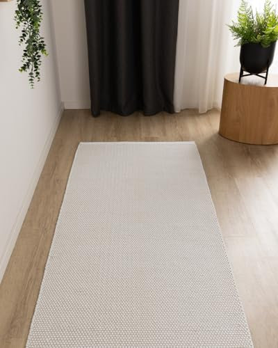 Interiyou Alfombra Salon Artesanal de algodón Riga - 70x140 cm Blanco - Tejido a Mano para Sala, Dormitorio - 100% artesanía de Fibra Natural
