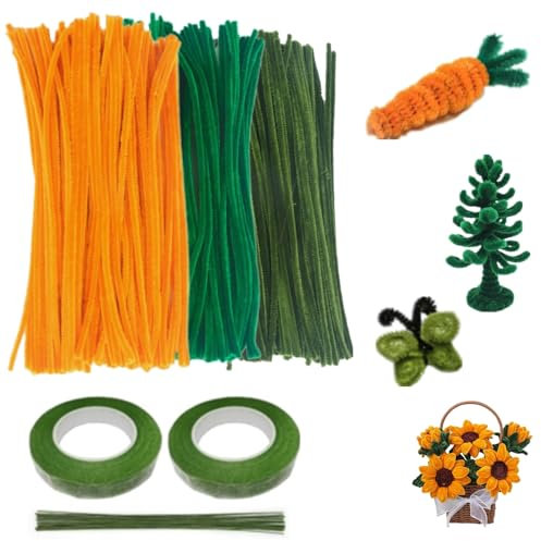 JOZMMZEOOA 300 Stücke Pfeifenputzer zum Basteln,Kreatives Handgemachtes DIY Pfeifenputzer Pfeifenreiniger Chenilledraht Blumen Grüner Gelb,für Schule Familie Bastelmaterial Set(Sonnenblume)