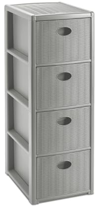 Rollbarer Schubladenschrank aus Kunststoff in Rattan-Optik mit 4 Schubladen. Maße: 30x40x81 cm. In verschiedenen Farbe (Grau)