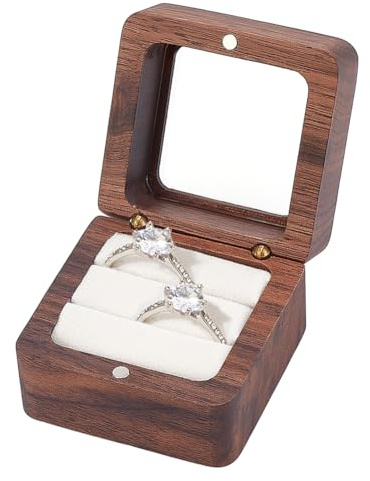 PH PandaHall Valentinstag Hölzerne Ring Box Rustikale Double Slot Ringbox Ringträger Box Quadratische Schmuck Aufbewahrungsbox mit klaren Fenstern und Schwamm innen für Hochzeit Verlobung, 5.5x5.5cm