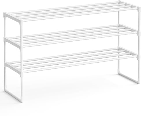 SONGMICS 3-Tier Shoe Rack, Shoe Storage Organiser, Metal Storage Rack, Upright or Upside Down, Fits 16 to 20 Pairs, Stackable, for Hallway, 30 x 92 x 55 cm, Pearl White LSA303W03