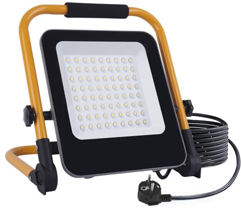 Faretto LED da Cantiere 50W,Fosingut Faro LED Portatile con Spina EU/Staffa Pieghevole/Cavo 2m/6500K,IP66 Impermeabile Proiettore Faretti LED per Banco da Lavoro Officina,Riparazioni Emergenza,Garage