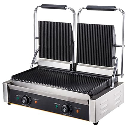 Commercial Panini Press with Grooved Grill, Sandwich Maker Machine, Electric Contact Grill Single, 1800W/3600W Indoor Grill, for Steaks,813A-220V