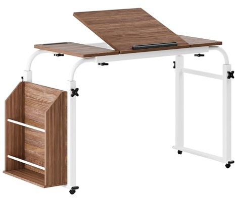 qorkhogr Betttisch mit Rollen, 80/120 cm breit, Schreibtisch-Überbetttisch, verstellbare Neigung, Sofa, Betttisch, Laptoptisch für Bett, verstellbare Höhe und Länge, Bücherregal, Holzfarbe, 120 cm