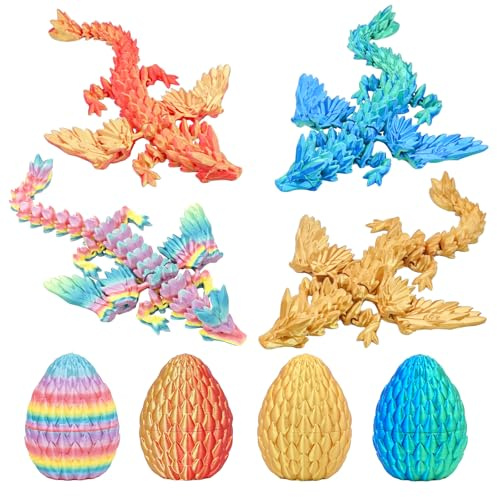 Balkwan Dragon Eggs Gift Set with Surprise Mini Winged Dragon Inside 3D Printed Articulated Crystal Toy Easter Eggs Fun Toy Christmas Basket Stuffers for Kids Boys and Girls (4pcs)
