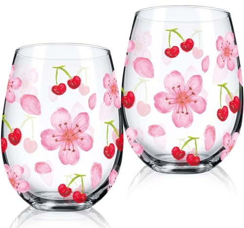 Sliner Confezione da 2 bicchieri da vino da 500 ml, senza stelo con fiori di ciliegio, bicchieri floreali per donne, compleanno, anniversario, feste, forniture