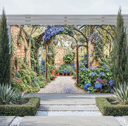 Ultra HD Mediterranean Garden Mural Curtain, Outdoor Waterproof Fence Cover, Large 3D Tapestry Banner, Privacy Screen, Realistic 3D Print, photograhpic backdrop, display Wall Art (W300cm x H180cm)