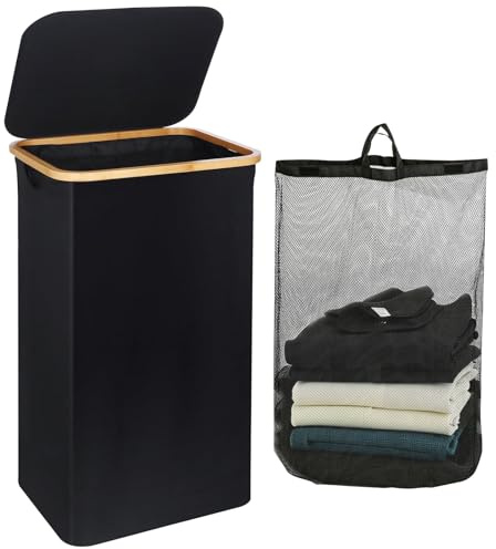 Cesto Portabiancheria 100L con Coperchio, Cesto Biancheria Sporca con Manico di Bambù, Pieghevole con tasca interna estraibile, Portabiancheria Sporca per Bagno Camera (Nero)