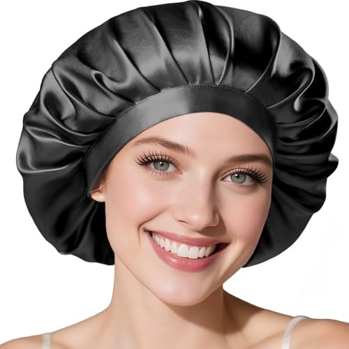 LitBear 22 Momme Cuffia di seta per dormire - Cuffia da notte in seta di gelso 100%, 100% Silk Bonnet con fascia elastica, cuffia da notte traspirante e regolabile per capelli ricci, Nero , 61