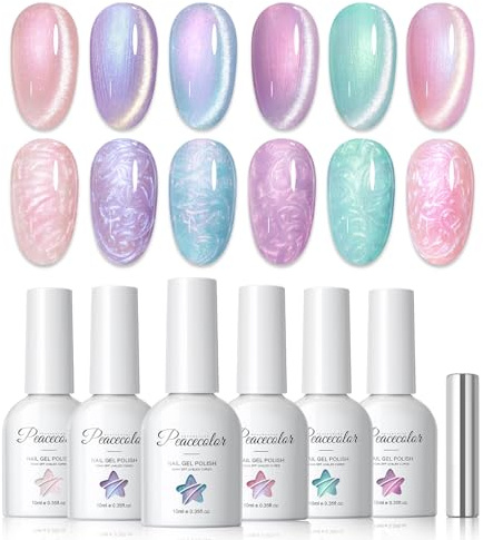 PEACECOLOR Vernis Semi Permanent Cat Eye Gel Nail Polish 10ML, 6 Couleurs Vernis Gel UV Semi Permanent avec Bâton Magnétique Vernis à Ongles Effet Nacré, Série Mermaid Bleu Rose Violet