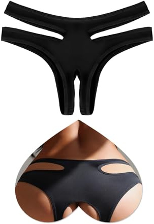 ohyeahlady Culotte Tanga Ouverte à L'entre Jambe Grande Taille Tanga Slip sans Couture Invisible Coton String Fendu Hot Tenu Ouverte Lingerie Et VêTements sous Vetement Womens Underwear Noir,M