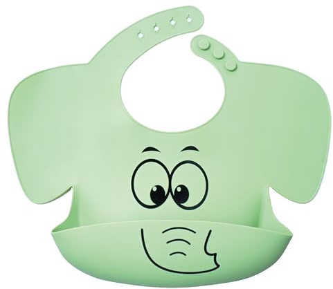 FREE EUPHORIA | Bavaglino impermeabile in silicone 100% alimentare | Regolazione multiposizione | Disegno elefante con ali coprispalle | Tasca raccogli briciole, Verde, M