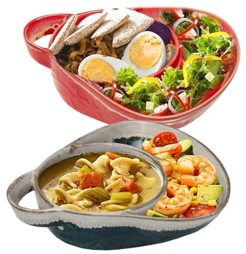 Hperu 2Pcs Soup Bowls Retro Ceramic Chip and Dip Bowl with Handles Creative Soup & Side Plate for Salad, Dessert, Fruit - Bowls with Handles