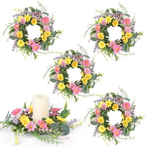 Maysing 4 Pcs Flower Candle Rings 3.15 Inch Center Spring Wreath Rings Daisy Floral Pillar Candle Holder Wreaths for Tapers Candelabra Wedding Party Home Table Centerpieces