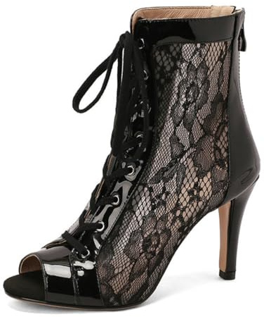 Qynthra Stivaletti Donna Eleganti Peep Toe Pelle Verniciata Tacco Alto Pizzo Stile Vittoriano Lacci Anteriore Moda Festa Sera,Nero,45 EU