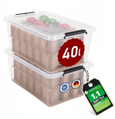 astor24 [Test SEHR GUT, NOTE 1.1 2x 40 L Aufbewahrungsboxen für insg. 60 Kugeln - für Weihnachtskugeln - lebensmittelecht - stapelbar, für Christbaumkugeln Weihnachtsschmuck