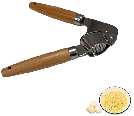 Spremiaglio Professionale in Acciaio Inox, Schiaccia Aglio con Manici in Legno, Lavabile in Lavastoviglie