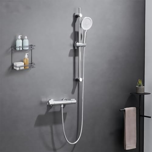 Auralum Duschsäule mit Thermostat-Duscharmatur, Duschstange aus Edelstahl (70 cm) mit Handbrause (4 Funktionen, Edelstahlschlauch (150 cm), Halterung, Chrom
