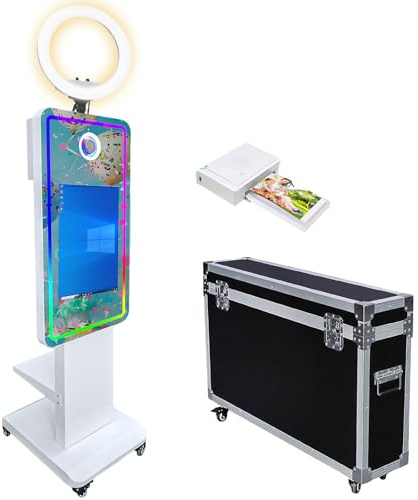 Magic Mirror Photo Booth 114.3 cm with 54.6 cm Touchscreen, Selfie Mirror PhotoBooth Machine with RGB Ring Light & Flight Case, Portable DSLR Photo Booth for Wedding Party Events (White, Photobooth+