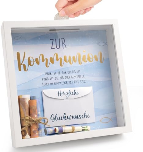 KKSJK Geschenke zur Kommunion Jungen Mädchen, Verpackung für Geldgeschenke Kommunion, Geldgeschenk Bilderrahmen Konfirmation, Spardose Taufe Personalisiert, inkl. Einleger und Briefumschla (Blau)
