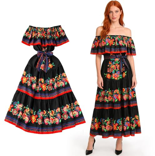 GOUYENG Robe Longue D'été à épaules Dénudées,Robe Mexicaine pour Femme,Robes D'été Longue Style Bohème,Robes Mexicaine Femme Épaules,pour Mariage,Plage,Fête,Halloween,Carnaval