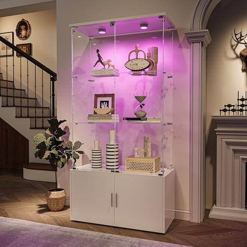 KOOPMAD Display Cabinet with Glass Doors, Lockable Glass Display Cabinets with LED Lights, Cabinet for Collection, 4 Shelves, Standing Display Case for Office Living Room Bedroom Furniture (White-C)