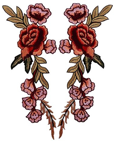 (Pack of 2) Peony Flowers on Vine Embroidered Appliques Sew or Iron on Patches for Clothes,Dress,Hat,Backpack,Bag DIY Costume Decoration(Red)