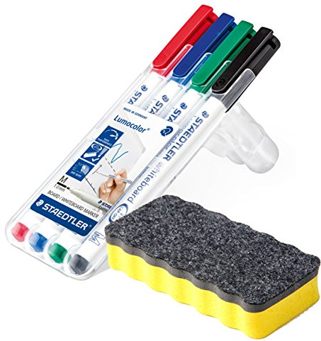 Staedtler Lumocolor Whiteboard-Marker, Rundspitze ca. 1 mm Linienbreite, Set mit 4 brillanten Farben, hohe Qualität, trocken und rückstandsfrei abwischbar von Whiteboards (+ Whiteboardlöscher, gelb)