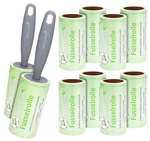Lot de 10 Rouleaux Anti-Peluches WELLGRO - 10 Rouleaux de 90 Feuilles chacun + 2 distributeurs, 900 Feuilles perforées en Diagonale pour Un décollement Facile