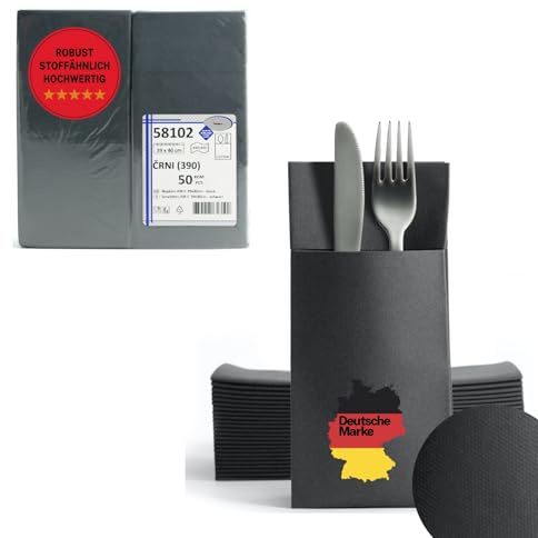 AROBA 100 Stück Vorgefaltete Airlaid Besteckservietten - 39x40 cm Stoffähnliche Einweg-Bestecktaschen mit Serviette, Robust & Besonders Saugstark - für Catering, Events, Hotel & Party - Schwarz
