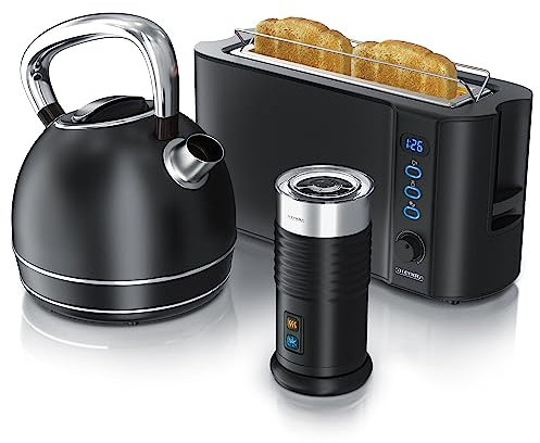 Arendo - Wasserkocher mit Toaster Set, 1,7 Liter Wasserkocher + automatischer Milchaufschäumer + Langschlitz Toaster 2 Scheiben Toaster mit Brötchenaufsatz