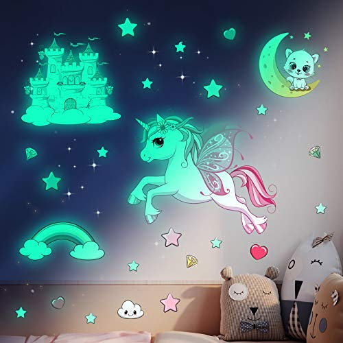 Licorne Étoile Lumineuse Plafond Stickers Muraux-Étoile Fluorescente,Arc en Ciel Décoration Chambre Enfant et Fille