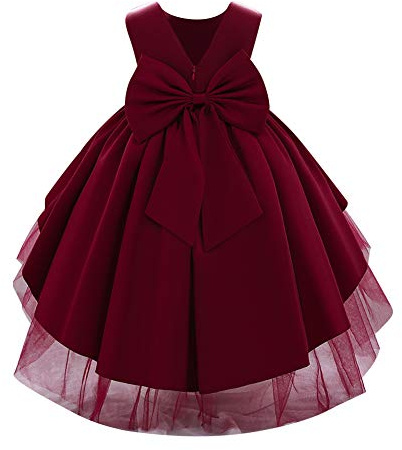 IBAKOM Bébé Filles Petits Enfants élégant sans Manches col en V Bowknot Satin Formelle fête Mariage Demoiselle d'honneur Communion baptême Princesse Robe de Bal Bordeaux 3-4 Ans