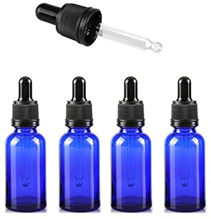 ZEOABSY 4 Stück 30ml Leere Blau Pipettenflasche mit Originalitätsschraubverschluss,Glasflasche Tropfpipetten für Aromatherapie ätherische Öle Dosierung + 1x Trichter