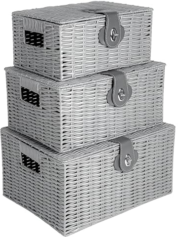 INNOTECK Wicker Storage Basket Set with Lids, Grey, 3-Piece